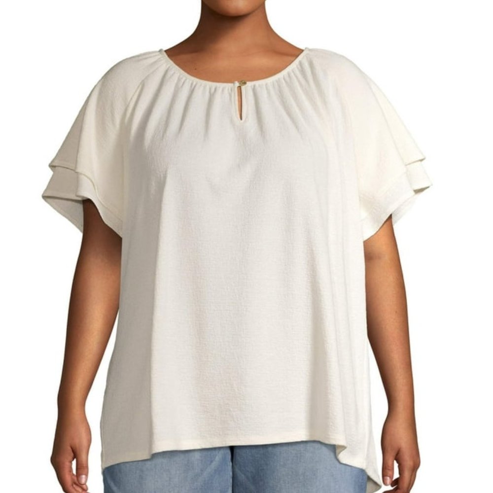 Peasant top textured flutter sleeve 3X plus ivory cream